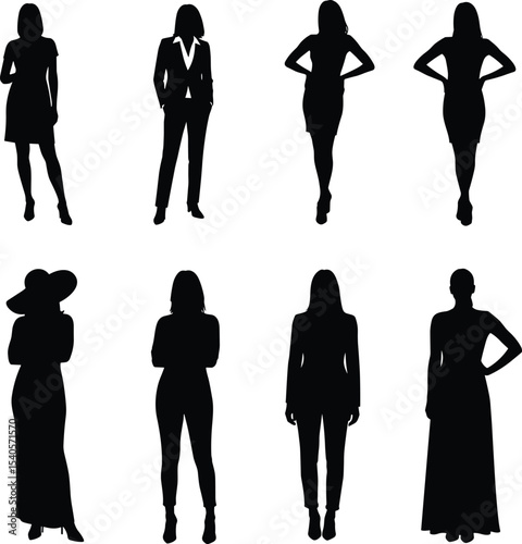 Silhouette of elegant women, stylish pose, fashion female figure, vector illustration, standing woman design, modern outfit, black shadow art