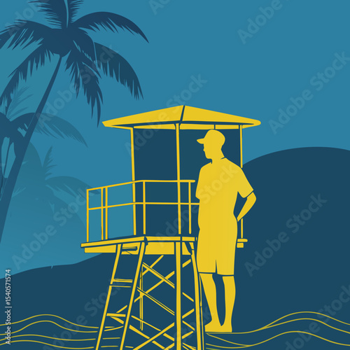 Silhouette of a Lifeguard Vigilantly Watching Over the Beach Summer Safety and Coastal Protection