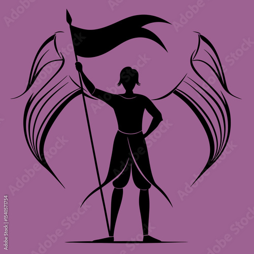 Silhouette of Angelic Figure with Flag A Vector Illustration of Hope and Victory