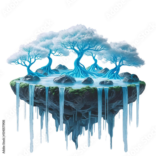 Floating island with waterfall and trees fantasy landscape scenic nature illustration digital art design