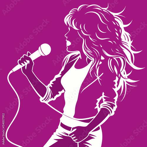 Dynamic Silhouette of a Female Singer Performing on Stage with Microphone