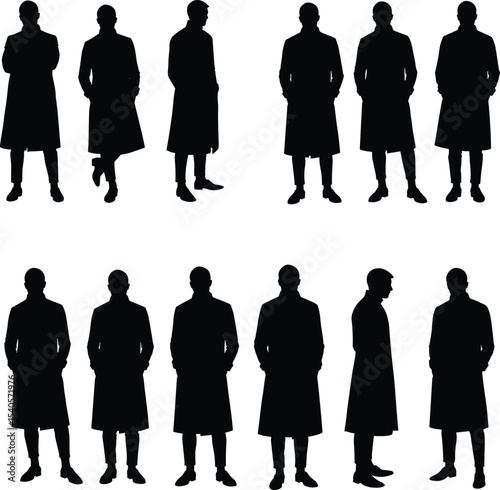 Silhouette of stylish men in long coat, standing pose, fashion vector illustration, black male figure, winter outfit design, shadow character