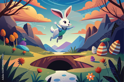 Happy Easter Bunny Soaring Over a Spring Landscape