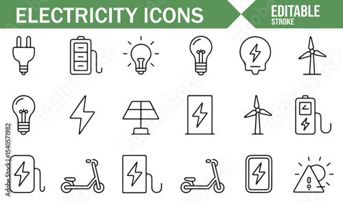 Vector Set of Renewable Energy Icons: Solar, Wind, Electric Vehicles, and Batteries