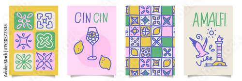 Summer naive posters set with lemon. Italian vintage doodle poster. Summer vibe from Italy. Beach sea ornate background. Italian Amalfi beach hand drawn postcard bg. Hand drawn childish design