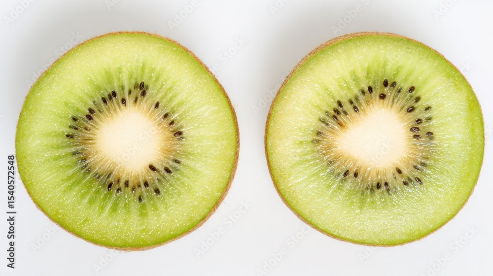 Fototapeta premium Fresh kiwi fruit slices on white background showcasing vibrant green flesh, tiny black seeds, pale center, and fuzzy brown skin, highlighting natural texture and juiciness.