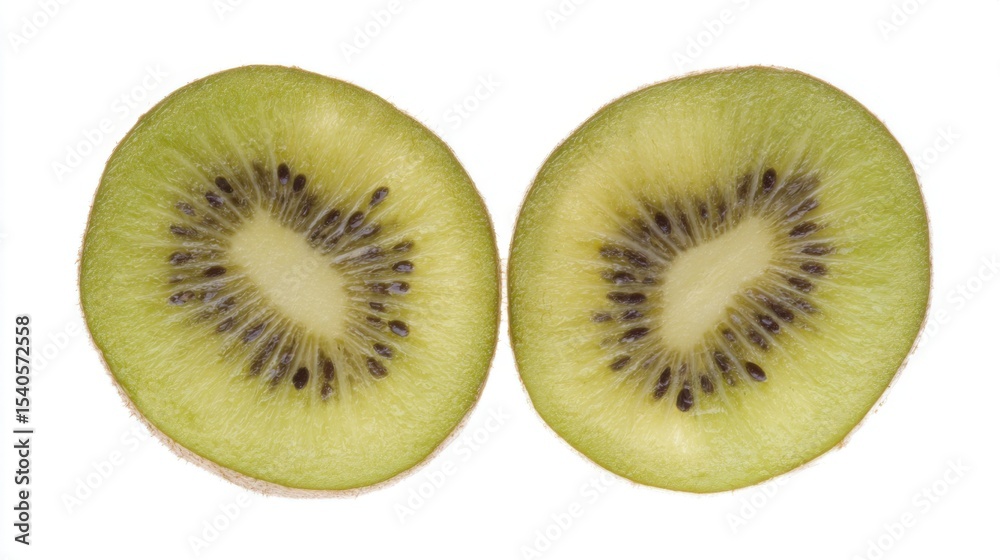 Fototapeta premium Two symmetrical semi-circular kiwi fruit slices on white background with vibrant green flesh, tiny black seeds, pale center, light brown peel, and moist fuzzy texture.