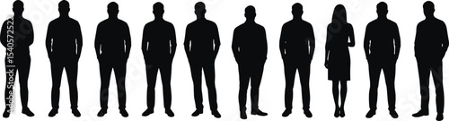 Silhouette of standing people, group of men and women, black human figure vector, casual pose collection, isolated person illustration