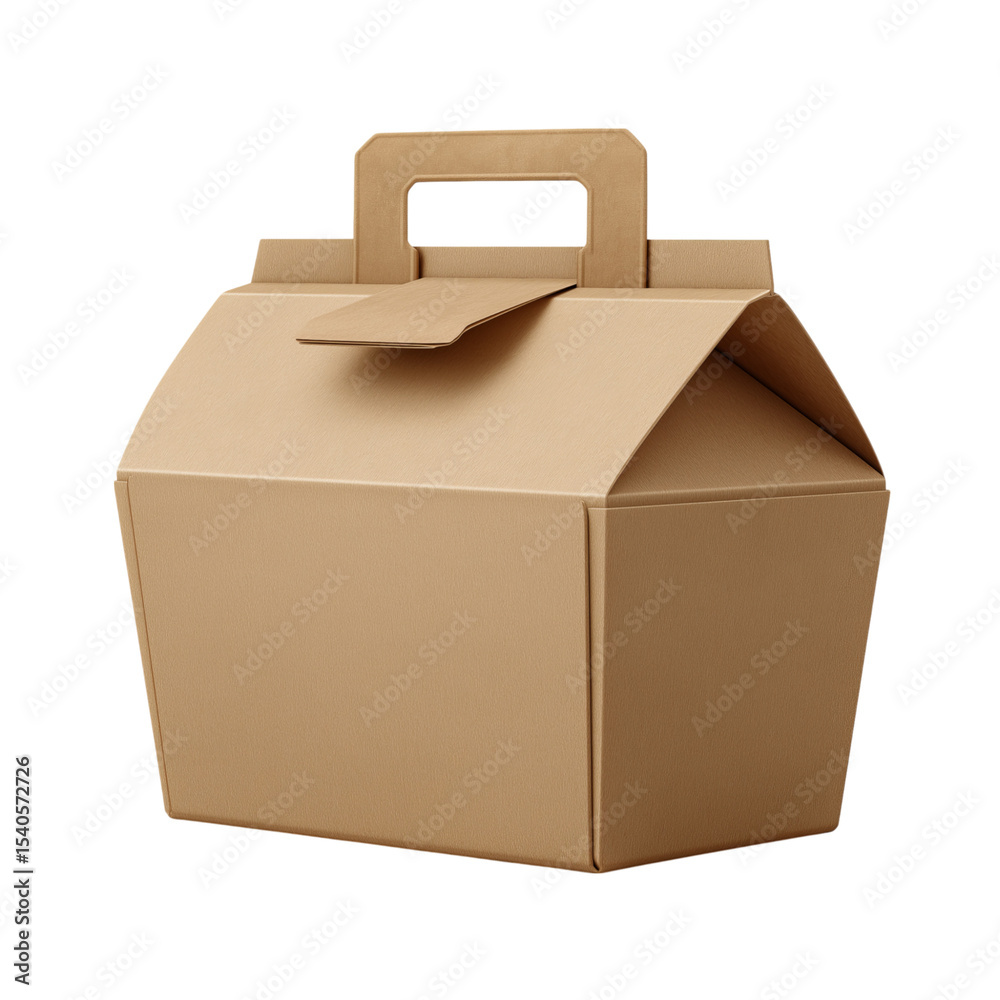 Cardboard food box with handle, in a brown color, front view, isolated on a transparent background, cutout PNG file Cardboard food box with handle, in a brown color, front view, isolated on a transparent background, cutout PNG file