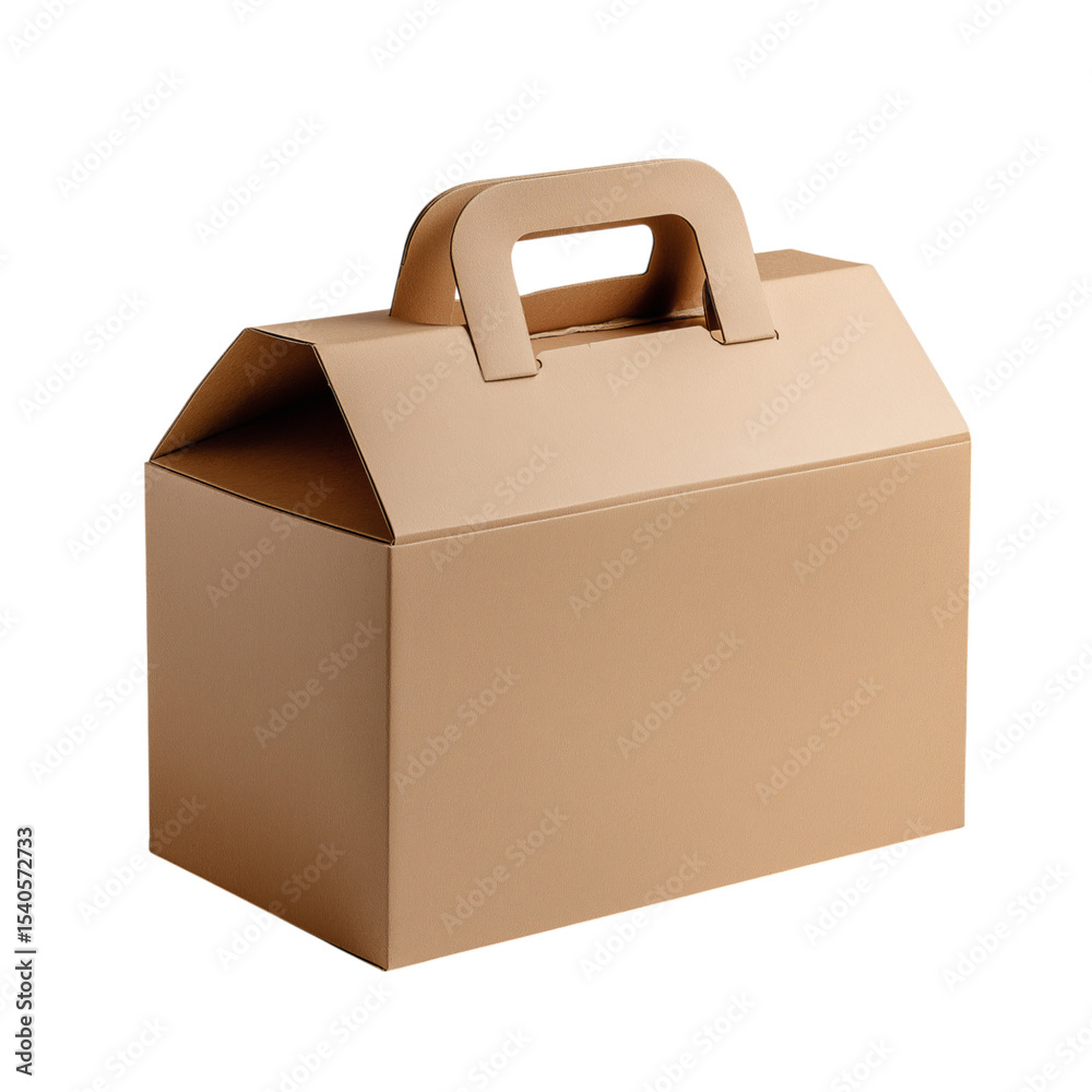 Cardboard food box with handle, in a brown color, front view, isolated on a transparent background, cutout PNG file Cardboard food box with handle, in a brown color, front view, isolated on a transparent background, cutout PNG file