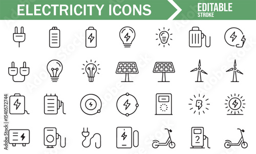 Minimalist Line Icons of Energy Sources: Battery, Wind Turbine, and Solar Power