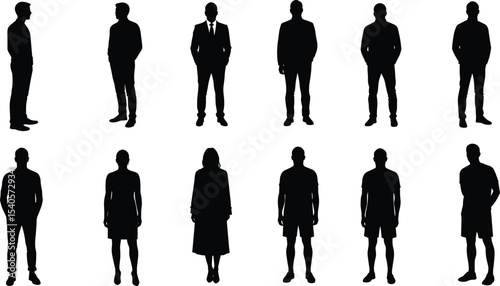 Male and female silhouette vector collection, standing pose, business man, casual wear, full body figures, black shadow illustration