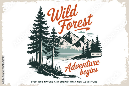 A  vintage-style outdoor adventure logo design with a white background. The central focus is a mountain landscape with tall evergreen trees in dark green silhouettes. Five tall pine trees frame the sc