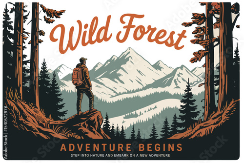 A  vintage-style outdoor adventure logo design with a white background. The central focus is a mountain landscape with tall evergreen trees in dark green silhouettes. Five tall pine trees frame the sc