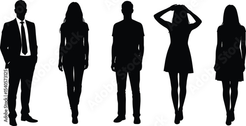 Silhouette vector of people standing, male and female figures, casual and formal posture, human shadow character, black shape outline illustration