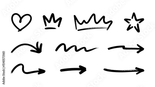 A set of hand-drawn doodle elements in black ink on a white background. The top row contains four decorative symbols: a simple heart shape, two different crown designs, and a star.