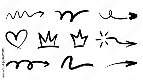 A set of 10 hand-drawn black ink doodle elements arranged in two rows on a white background. a wavy curved line with an arrow tip, a curved line with a small loop, a curved line with a small loop and 