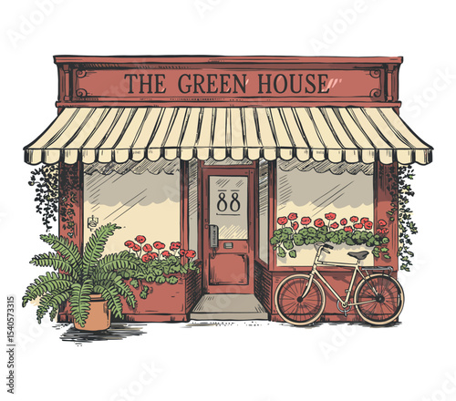 "Vintage Flower Shop Front Illustration – The Green House with Bicycle and Plants"