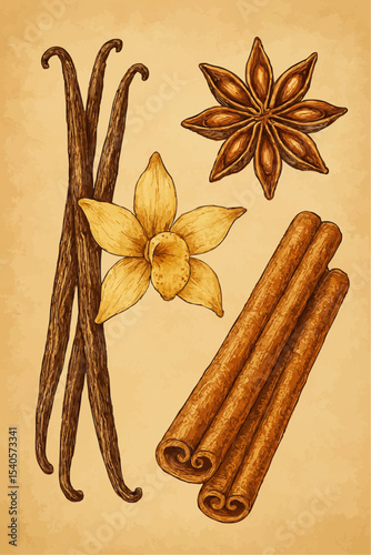 Detailed Hand-Drawn Illustration of Vanilla Beans, Star Anise, and Cinnamon Sticks