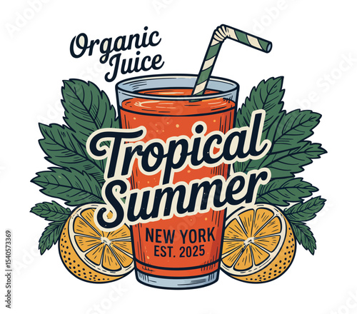 A vintage-style logo design for a tropical juice business. The central focus is a tall glass filled with orange-colored juice, garnished with a green and white striped straw.