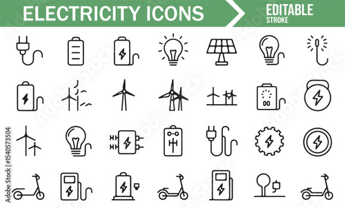 Electricity and Energy Icon Set: Solar Panels, Wind Turbines, and Charging Symbols