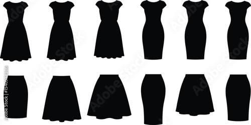 Silhouettes of women’s dresses and skirts, various fashion styles, black vector icons, isolated design elements, flat apparel illustration, collection