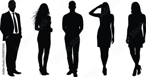 Silhouette vector of standing man and women, formal and casual pose, stylish figures, fashion outline, black shadow character illustration