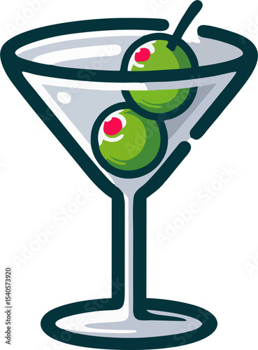 Modern Cartoon Martini Glass with Green Olives – Stylish Vector Alcohol Drink Icon for Bar Menu and Branding