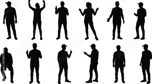 Silhouettes of diverse people, men and women, standing, gesturing, casual clothing, different poses, vector illustration, isolated