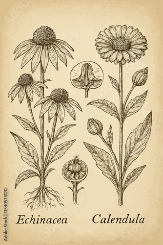 Vintage Botanical Illustration Echinacea and Calendula Herbal Drawings