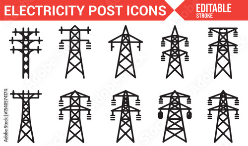Simple Icon Set for Electricity Posts: Power Lines and Towers in Vector Style