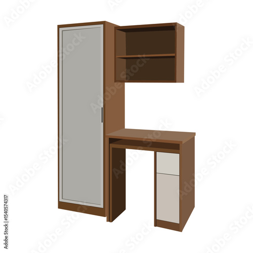 Brown wardrobe and desk combination unit with gray doors