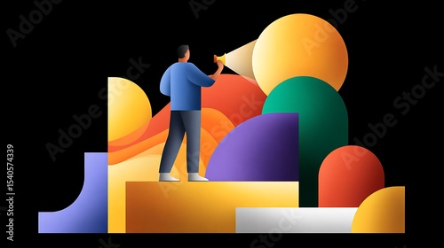 Wallpaper Mural Man with Flashlight Illuminating Abstract Geometric Shapes and Bright Colors in a Dreamy Landscape Torontodigital.ca