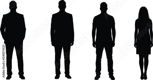Silhouette of standing people, man and woman, formal outfit, casual style, front view, diverse team, vector art, illustration