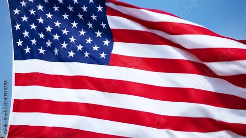  USA Flag Waving Close-up: American National Symbol of Freedom, Patriotism & Democracy Against Blue Sky. Stars and Stripes. 4K Video. 