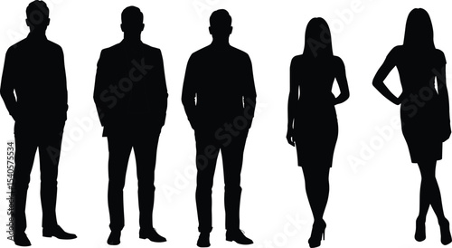 Business people standing together, male and female silhouette, corporate group, teamwork concept, office attire, professional look, vector illustration