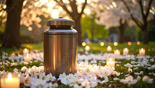 Urn with sunset, spring park, and remembrance.