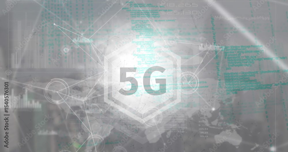 Obraz premium Displaying central 5G emblem streaming green code across world map interface, with network nodes