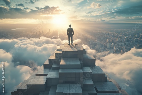 The Ascent of a Visionary: A silhouette of a determined individual stands atop an abstract structure of geometric forms, with a city skyline and a breathtaking sky, symbolizing ambition and triumph
