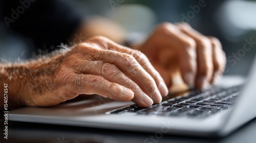 An older man is typing on a laptop