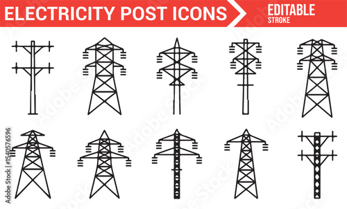 Collection of Minimalist Icons Representing Electricity Transmission Towers