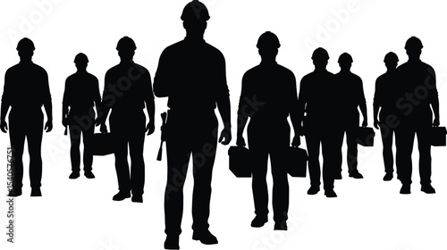 Construction workers silhouette, labor team, toolbox carry, engineer group, tradesmen vector, black workers icon, workforce illustration, professional job crew