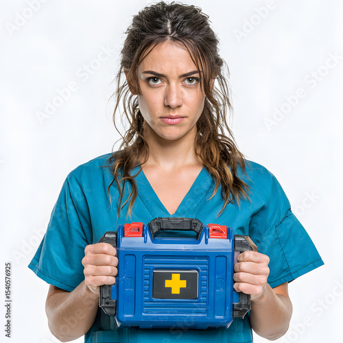Medical worker holds blue first aid kit with yellow cross on white background