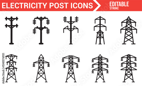 Simple Icon Set for Electricity Posts: Power Lines and Towers in Vector Style