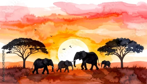 Naklejka na ścianę Elephant Family Sunset Savannah.