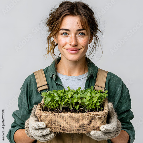 Young woman holds a container with sprouts and smiles while wearing overalls
