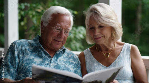 A man and a woman are sitting on a porch reading a magazine together