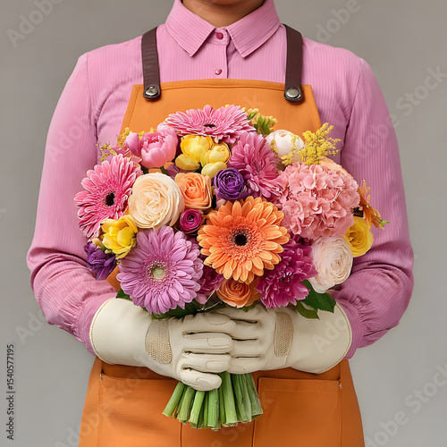 Florist Wearing Apron Holding Colorful Freshly Cut Flower Bouquet