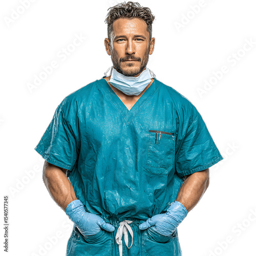 Serious Looking Man Wearing Blue Surgical Scrubs and Gloves