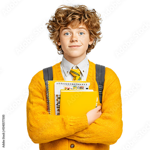 Smiling Youthful Student Holding Notebooks and Wearing a Backpack on White Backdrop